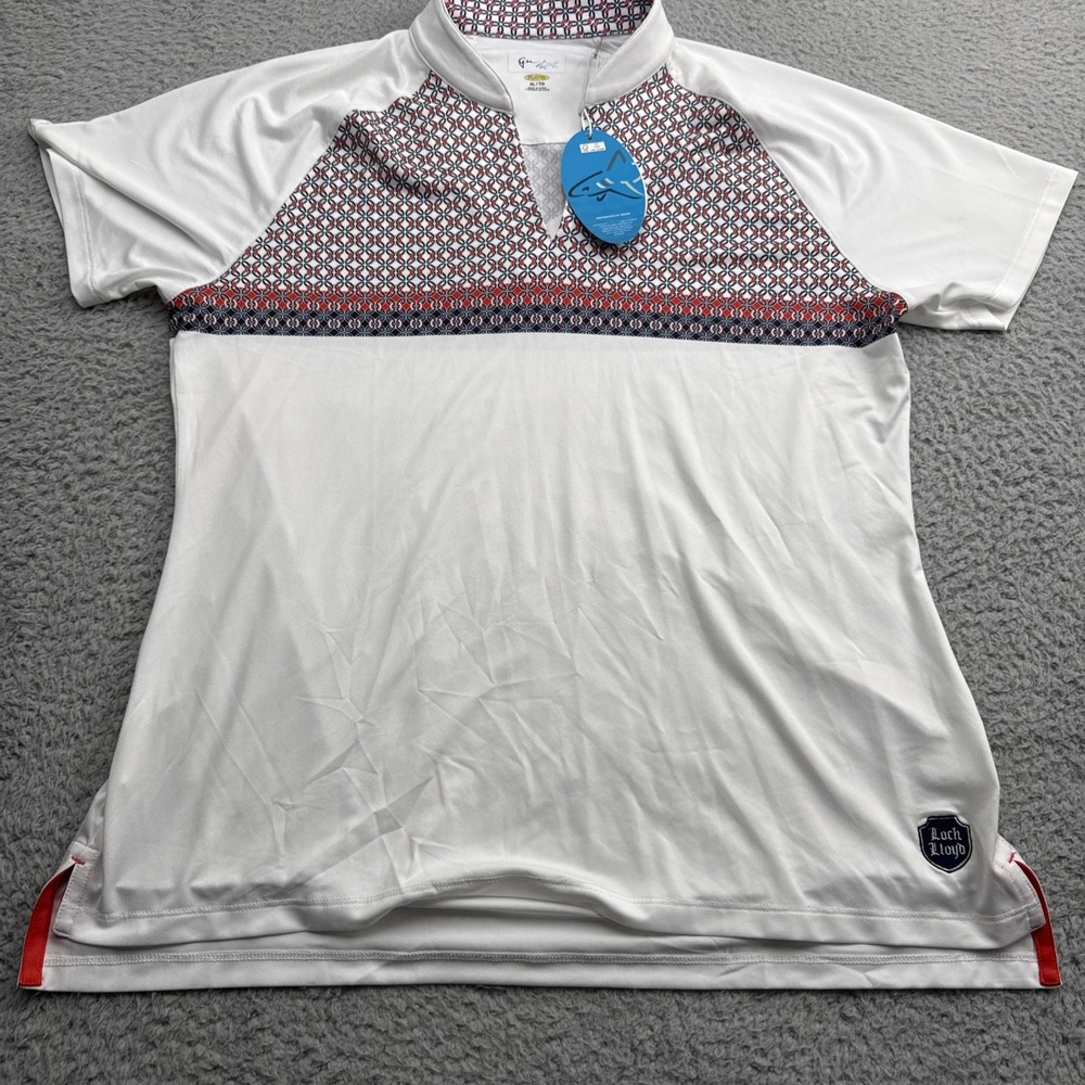 Greg Norman Golf Polo Shirt Womens XL White Geometric Play Dry Tennis Top